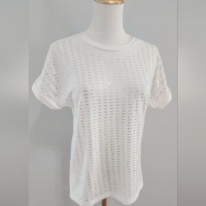 Rhinestone Top Casual Shirt White Blouse Shiny Front Tee Size S